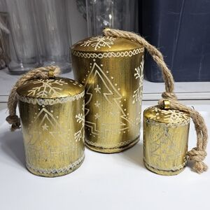 Set of 3 Cow Gold Bells Rustic Christmas Hanging Bells on Rope New